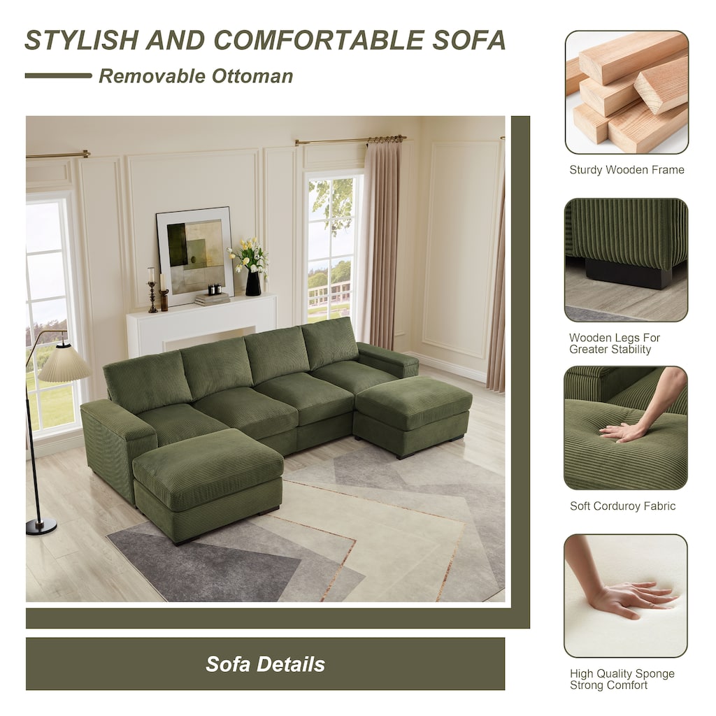 U-Shaped Sectional Sofa with 2 Movable Ottomans, Comfy Corduroy Upholstered 4 Seater Sofa, Lounge Sofa with Storage Armrests