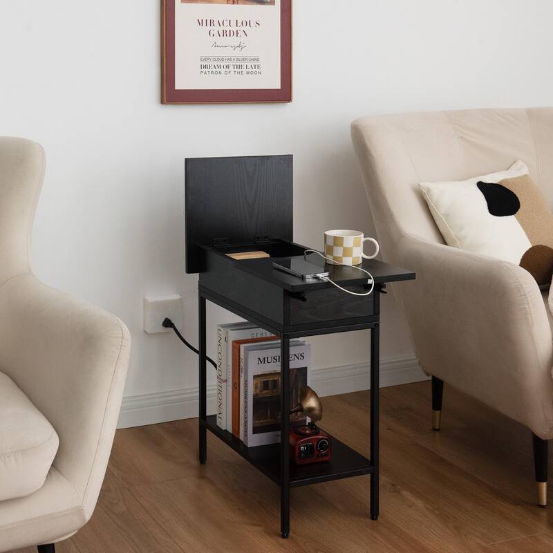 Flip Top Narrow End Table with Storage and Built-In Outlets, Small Side Table