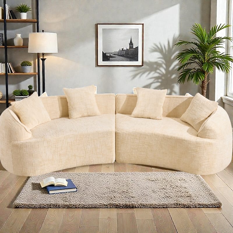 Curved Compressed Sofa Nordic Style, Chenille Upholstered 4 Seat Couch with Medium Soft Comfort for Living Room - Beige