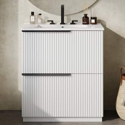 30" Bathroom Vanity with Ceramic Sink and Full-Extension Drawers,Freestanding Vanity with Soft Close Drawer Slides,Fluted Design