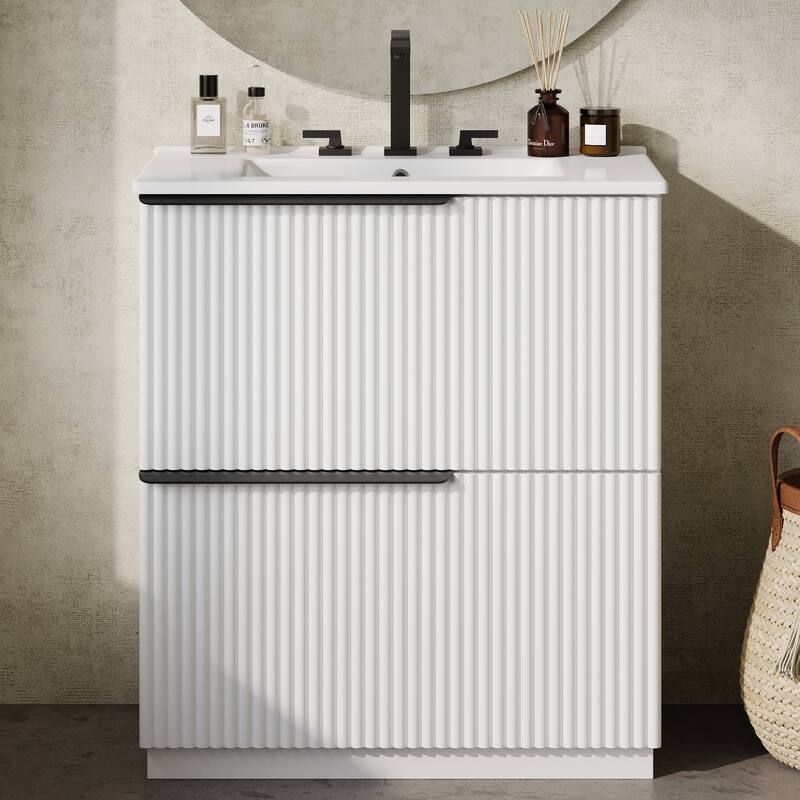Vertical Grooves Bathroom Cabinet Storage Vanity with Ceramic Sink, Full-Extension Split Drawers and Soft Close Drawer Slides - White