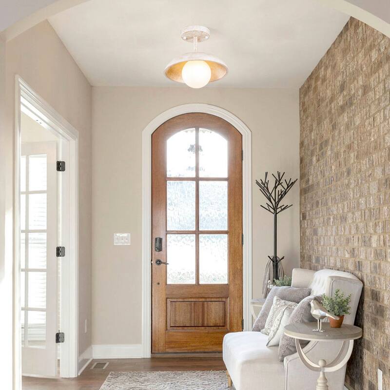 Distressed White 1-Light Hallway Semi Flush Mount Fixture