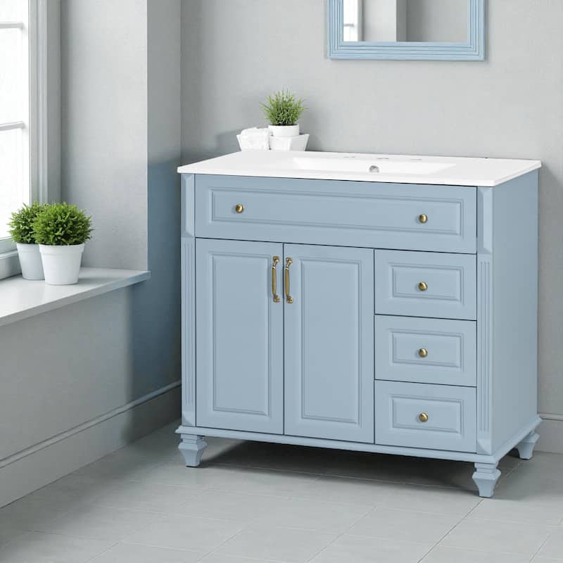 36-Inch Solid Wood Bathroom Vanity with Ceramic Sink, Flip Drawer, 3 Drawers and 2 Doors, Freestanding MDF Cabinet