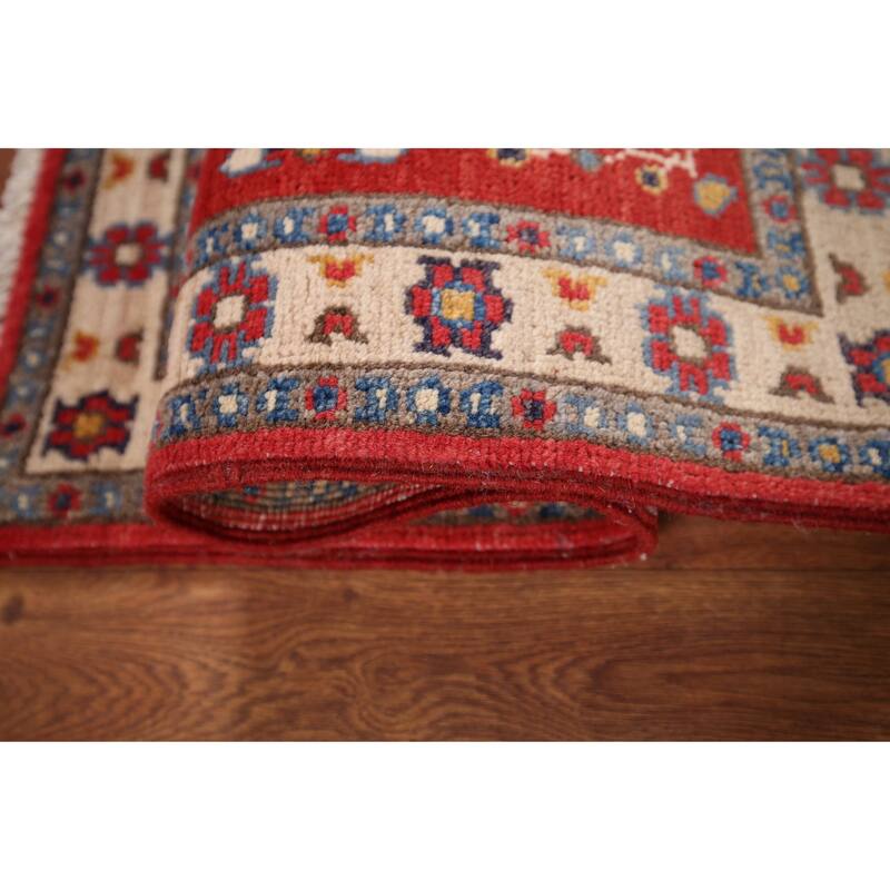 Blue Geometric Kazak Foyer Rug Handmade Traditional Wool Carpet - 2'1" x 2'11"