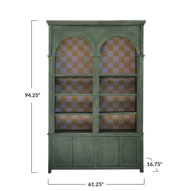 Antique Pine Wood Cabinet with Checkered Interior - 61.25" L x 16.75" W x 94.5" H