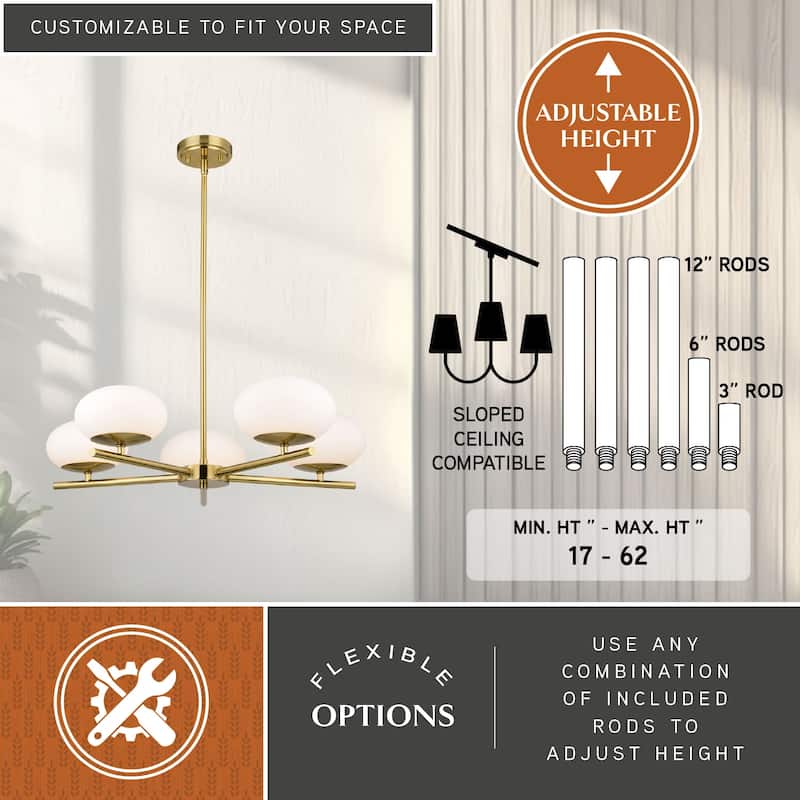 Sloane 5 Light LED Gold Satin Brass Mid-Century Modern Chandelier with White Glass Globes - 27-in W x 7-in H x 27-in D