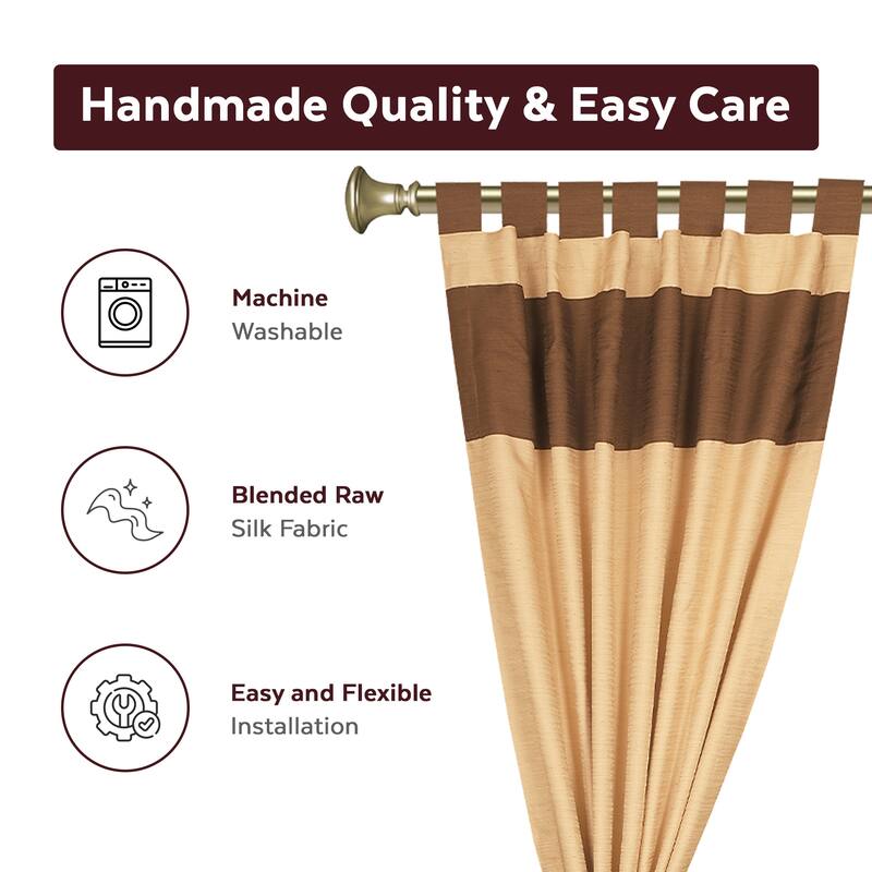 Gold Brown Tab Top Raw Silk Curtain With Tieback-Pair