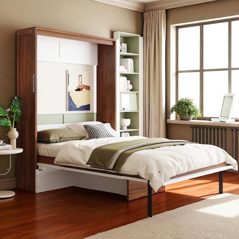 Full Size Murphy Bed with Foldable Desk, Wall Bed with Workstation, Space-Saving Cabinet Bed for Small Rooms - Walnut White - Full