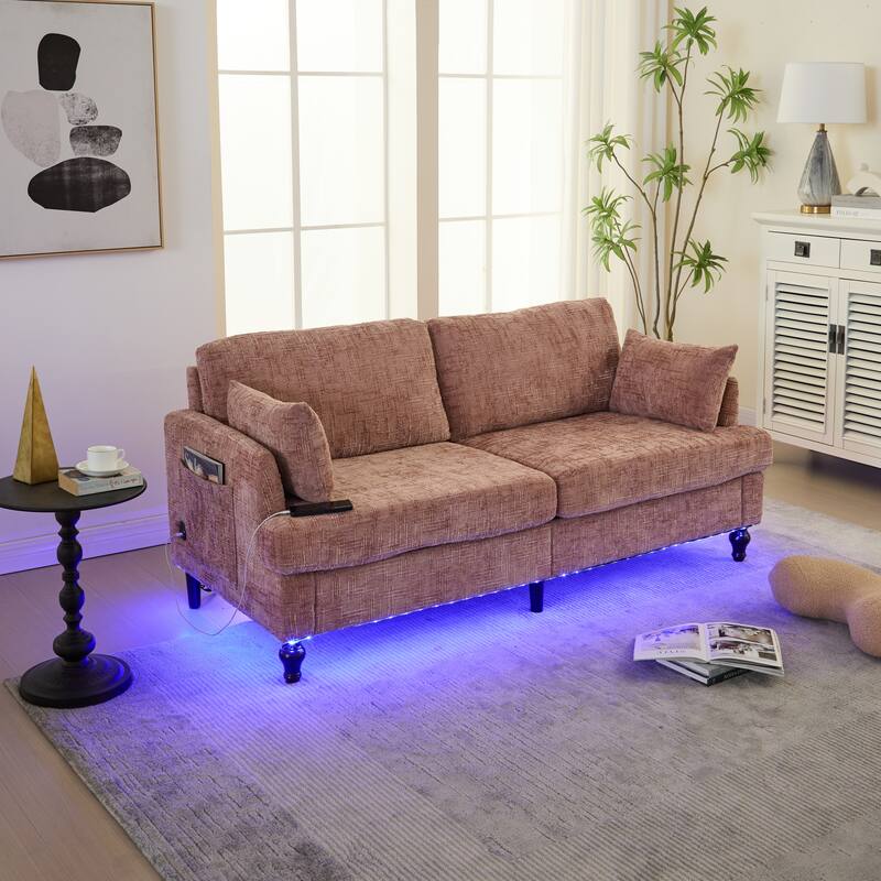 Modern Style Chenille 2-Seater Wood-Legged Sofa With Led Light,USB Charging Port And Storage Bag Living Room Bedroom Study Room