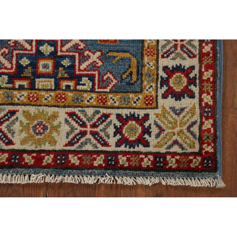 Hand Knotted Oriental 100% Wool Carpet Traditional Geometric Navy Blue & Blues Kazak Area Rug - 3' 0'' X 2' 0''