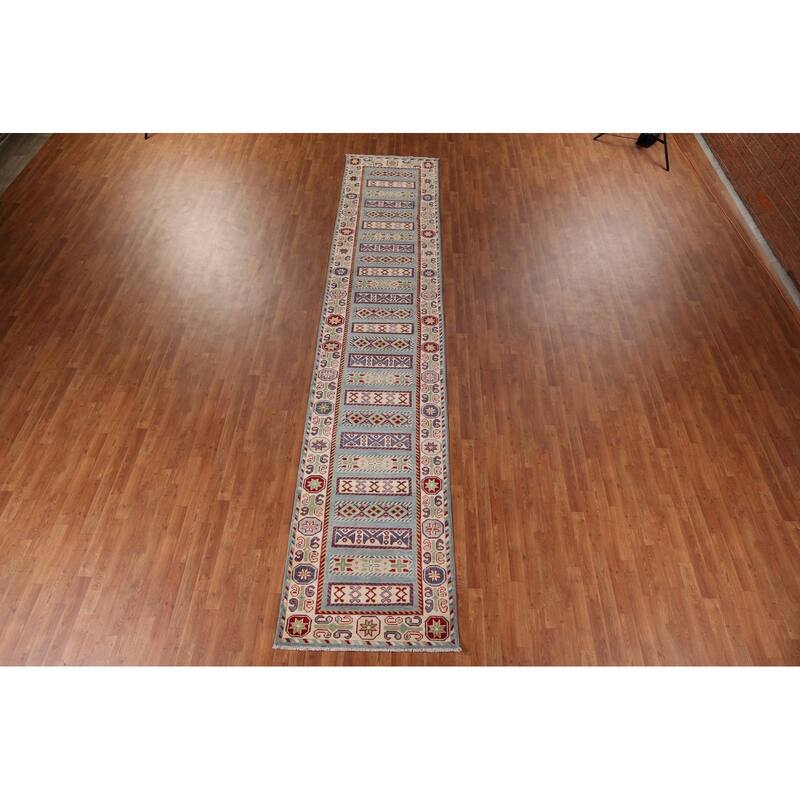 Blue Kazak Oriental Runner Rug Hand-Knotted Geometric Wool Carpet - 3'3" x 16'3"