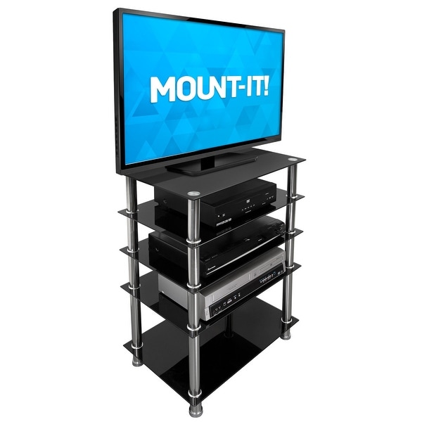 5 Tiers Media Compontent TV Stand Audio Video Tower Black Tempered Glass Shevles 