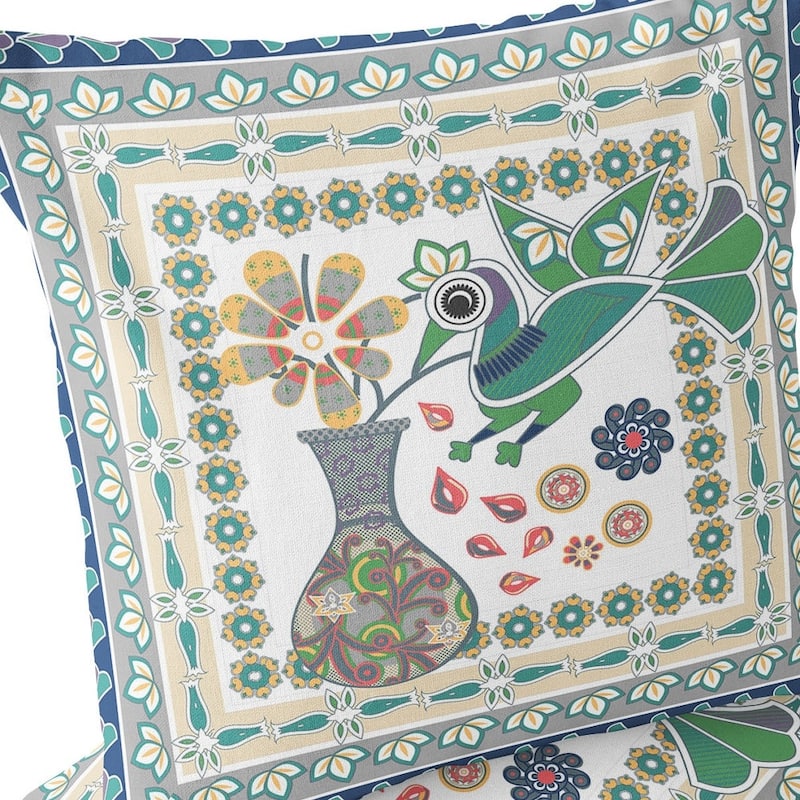 HomeRoots Set of Two 16" X 16" Green and Yellow Peacock Blown Seam Floral Indoor Outdoor Throw Pillow - 16.00' X '16.00' X '5.00