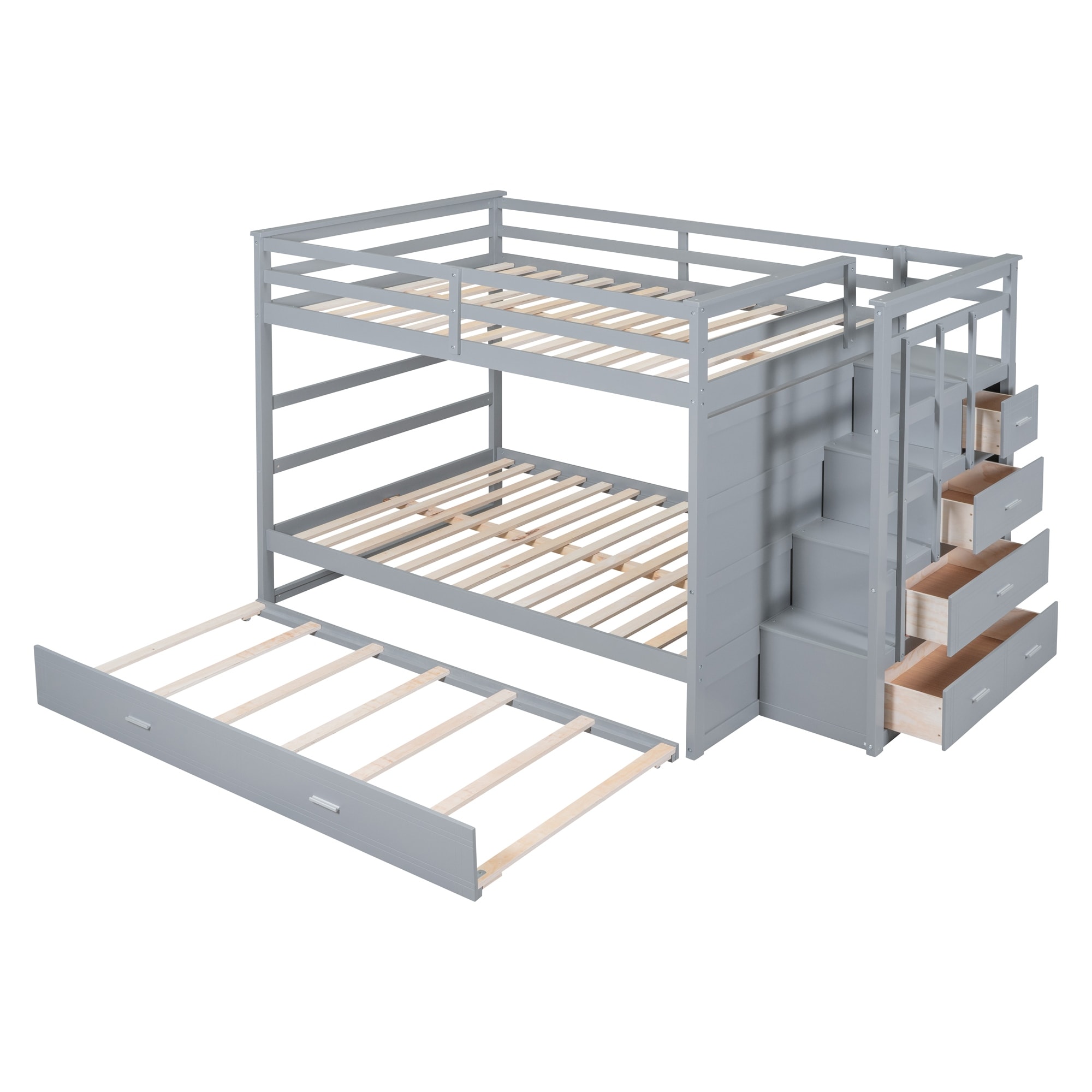 Full Over Full Bunk Bed with Storage Drawers and Multifunctional Staircase