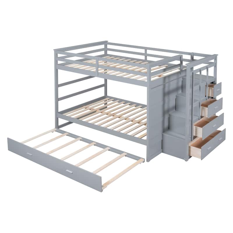 Full Over Full Bunk Bed with Storage Drawers and Multifunctional Staircase