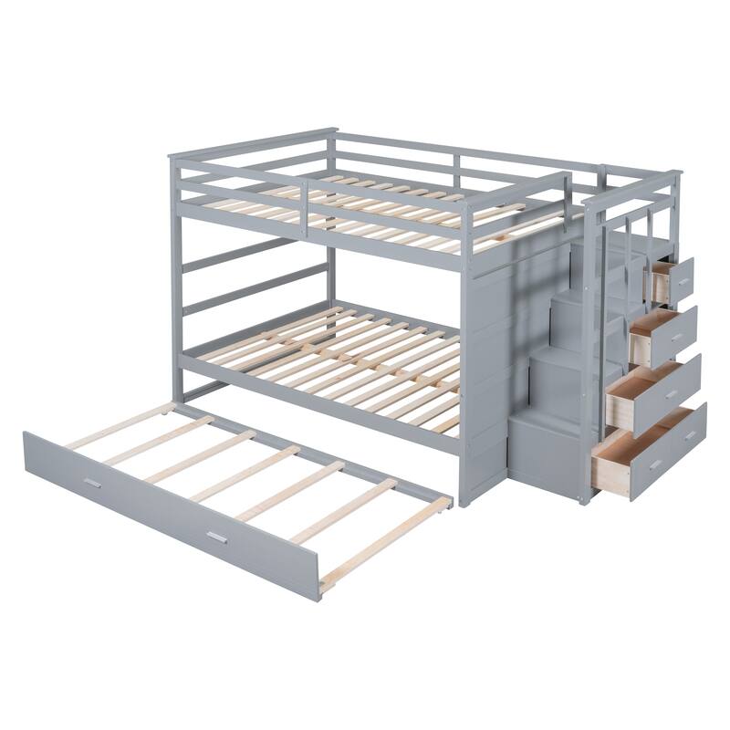 Space-Saving Twin Over Twin/Full Over Full Bunk Bed with Trundle and Storage Stairs, Solid Pine Wood Frame