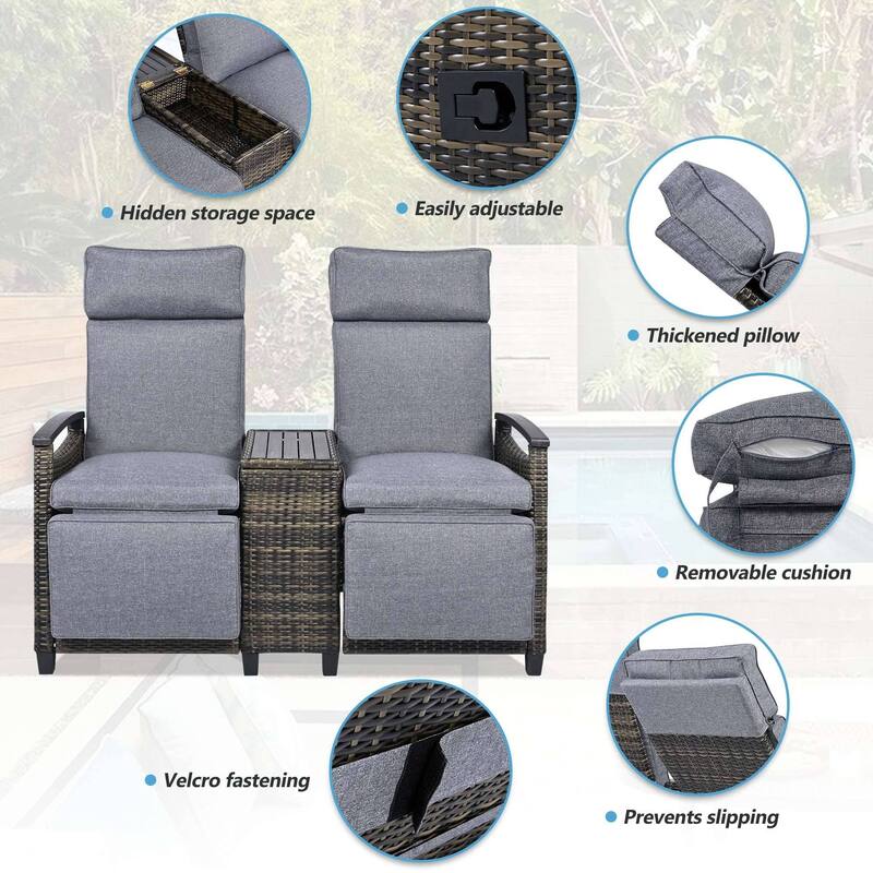 Wicker Patio Recliner Chair Set with Cushions and Storage Table