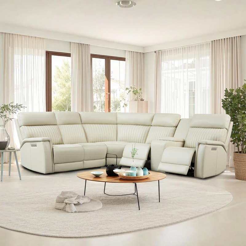 Genuine Leather Power Recliner Sectional Sofa with Console, Ajustable Headrest, USB&USB-C Port, 1 Power Armlesschair - Cream