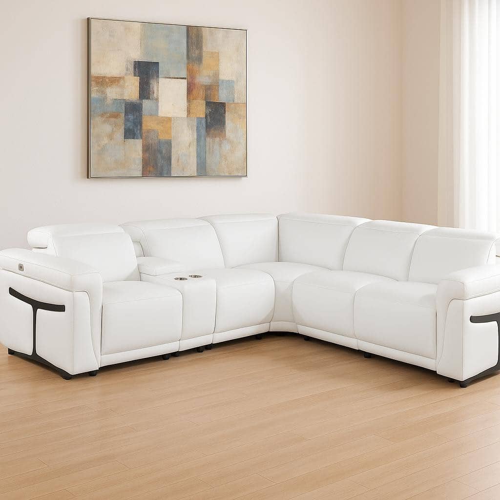 HomeRoots White Italian Leather Modular L Shaped Six Piece Corner Sectional With Console