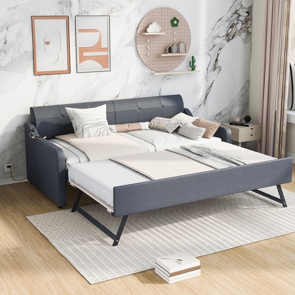 Twin Size Daybed with Trundle USB Charging Design Upholstered