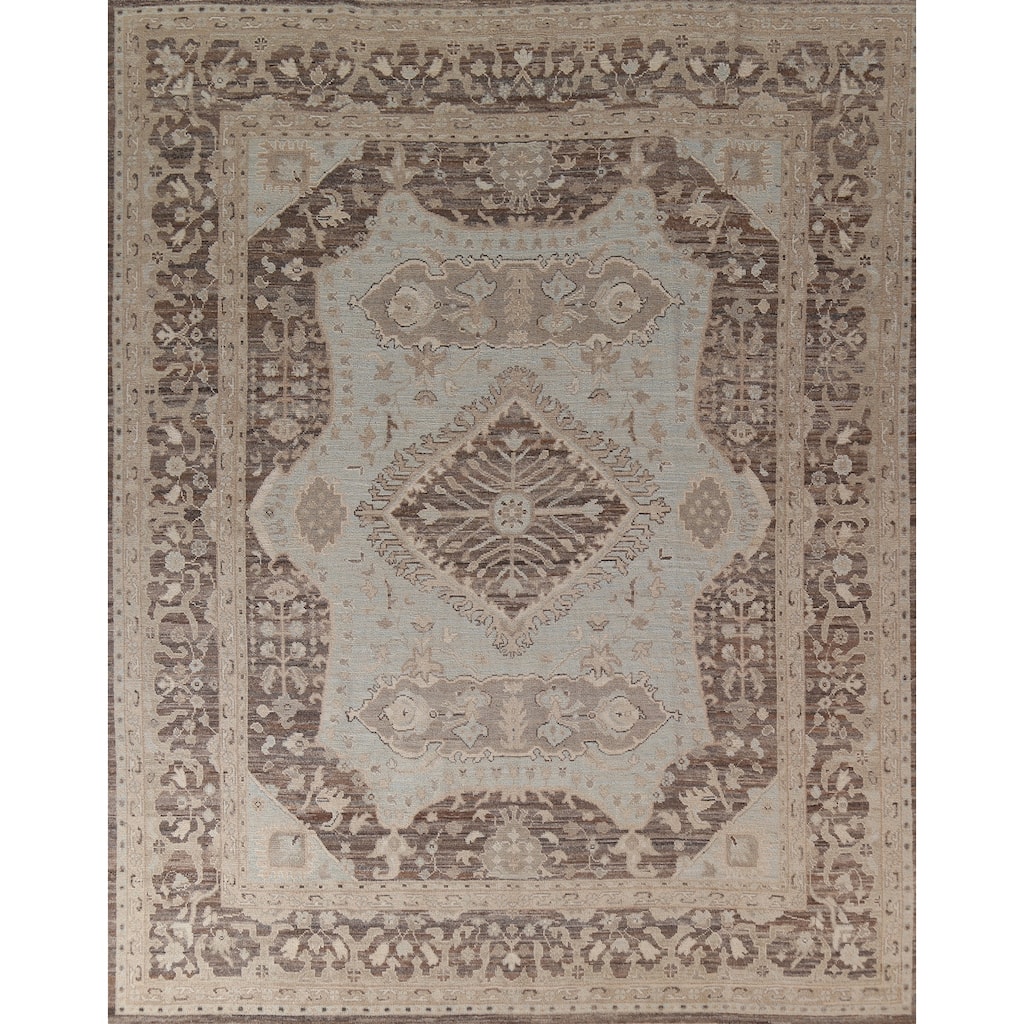 Vegetable Dye Oushak Turkish Area Rug Blue Hand-Knotted Wool Carpet - 8'2"x 9'10"