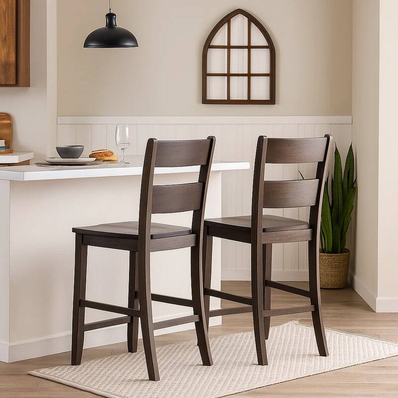 Wooden Counter Height Side Chair with Ladder Backrest, Set of 2, Dark Brown