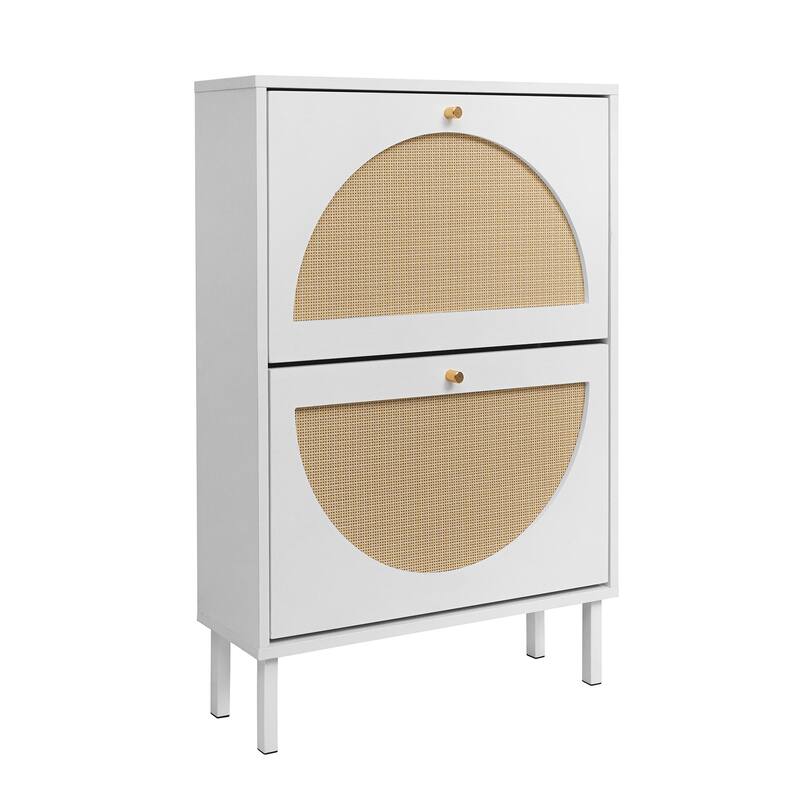 Rattan Shoe Cabinet with 2 Flip Drawer, Freestanding Entryway Organizer, Shoe Rack with Metal Legs for Living Room, Hallway