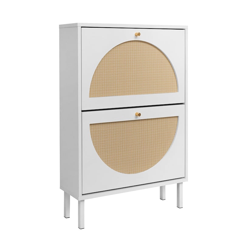 Roomfitters Rattan Shoe Cabinet, 2 Door Slim Shoe Storage Rack, Double Layer Entryway Organizer, White