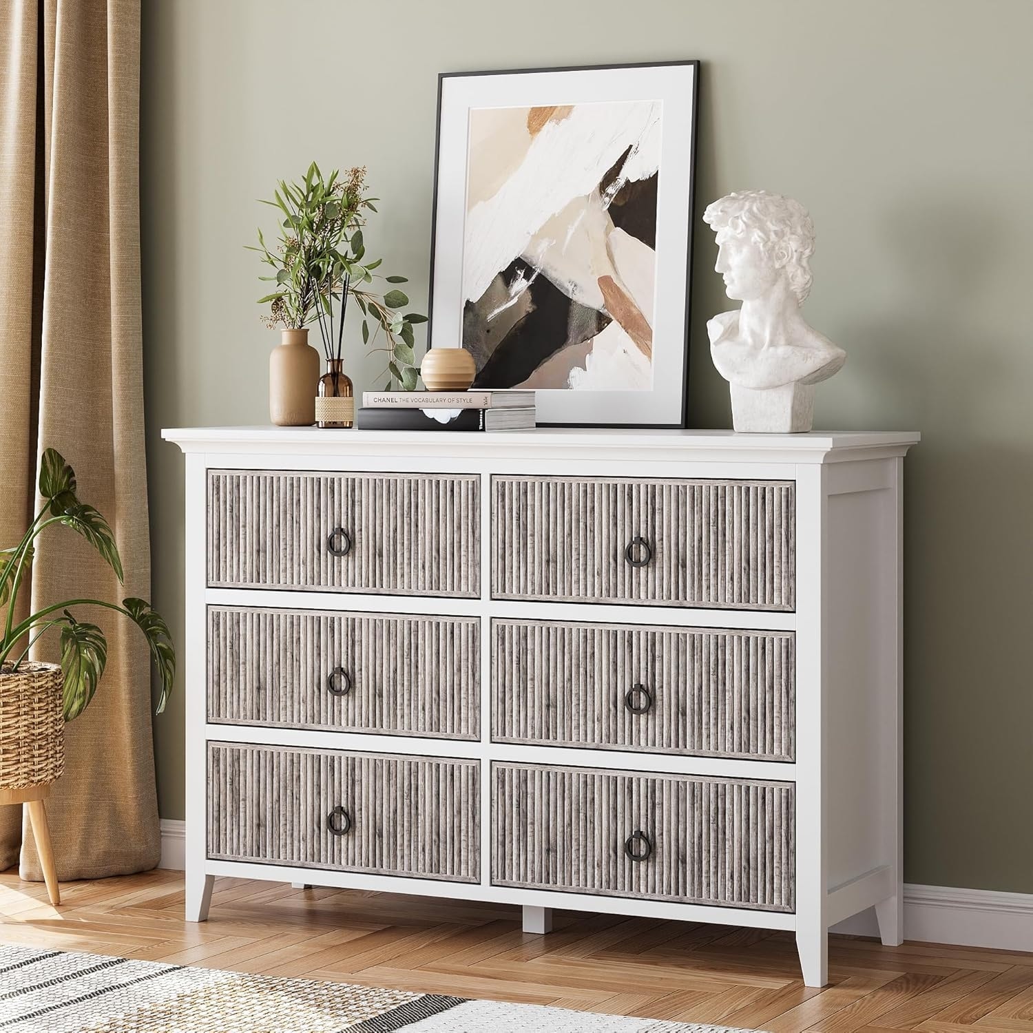 Dresser with Waveform Fluted Chest, Wooden Storage Cabinet for Bedroom Living Room Hallway Closet Anti-Tipping