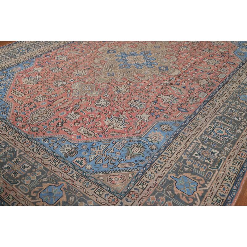 Pink Geometric Tabriz Persian Vintage Rug Hand-Knotted Wool Carpet - 9'8" x 12'11"