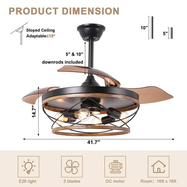dimension image slide 0 of 2, Bella Depot 42" Rustic Retractable Ceiling Fan with Light and Remote 6-Speed Reversible Caged Fan