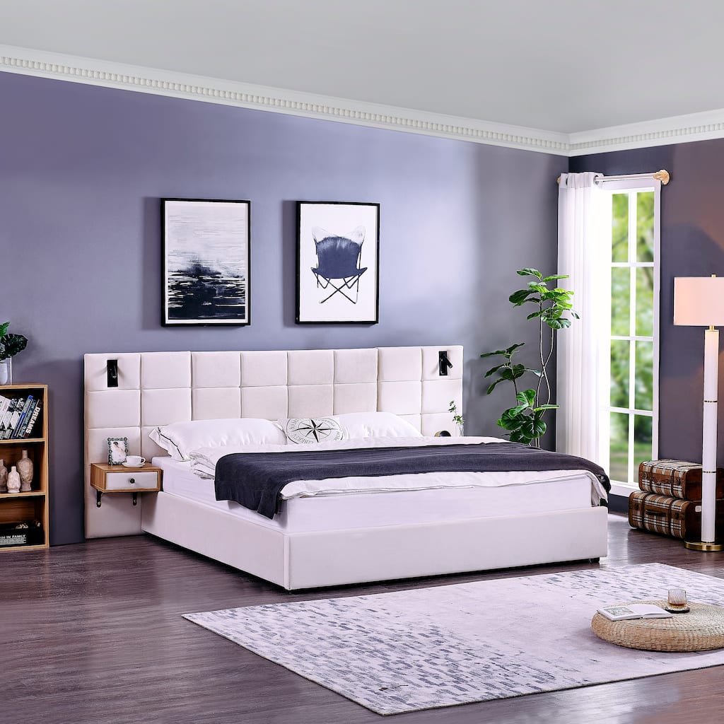 Hydraulic Lift Up Storage Bed Frame, King Size Upholstered Wingback Platform Bed, 2 Side Shelves, 2 Reading Lamps and USB Ports