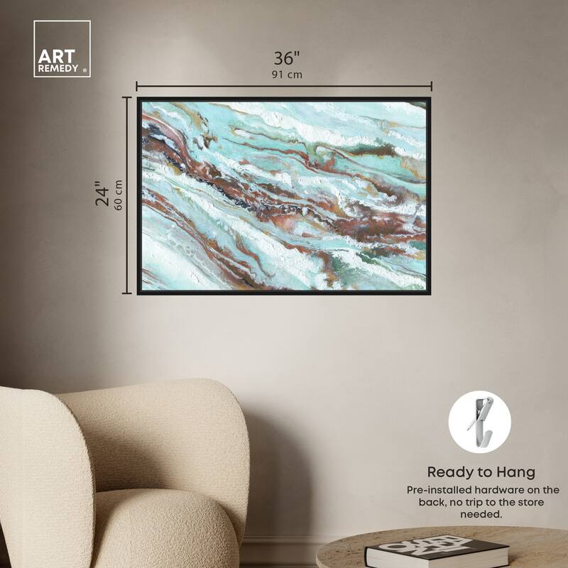 Art Remedy Mint Waves Framed Blue Abstract 1 Piece Canvas Wall Art