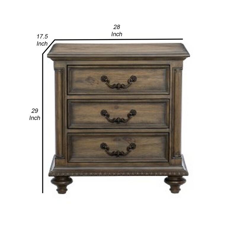 Danya 29 Inch 3 Drawer Nightstand, Metal Drop Handles, Turned Legs, Brown