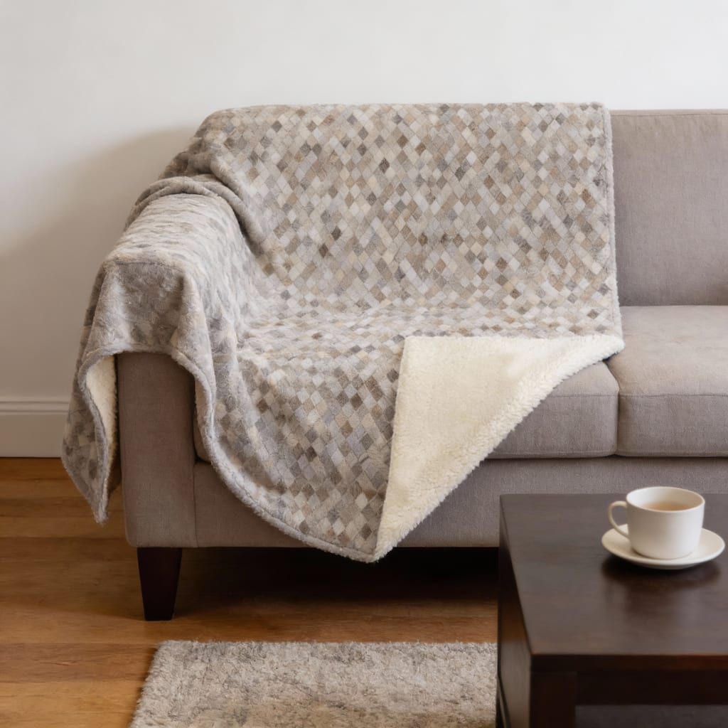 HomeRoots 50" X 70" Gray Beige And Ivory Geometric Microfiber Plush Throw Blanket