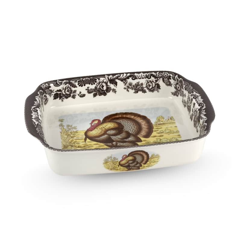 Spode Woodland 15 Inch Handled Lasagna Dish - 15 Inch x12 Inch - Turkey Design - 15 Inch x12 Inch