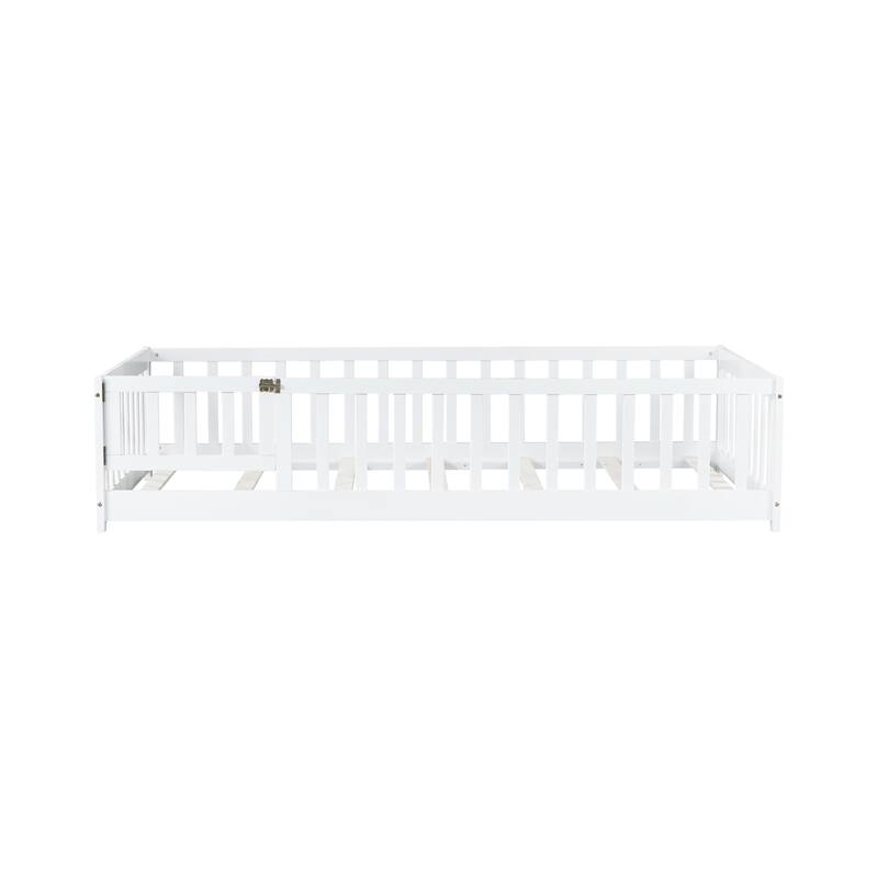Toddler Floor Bed with Fence and Door, Montessori Platform Floorbed with Safety Guardrails for Children Boys Girls Kids Playroom
