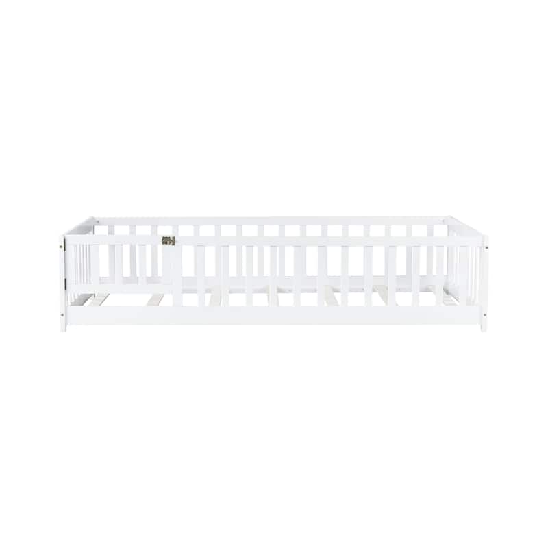 Twin Size Rubber Wood Floor Panel Bed with Safety Fence and Door