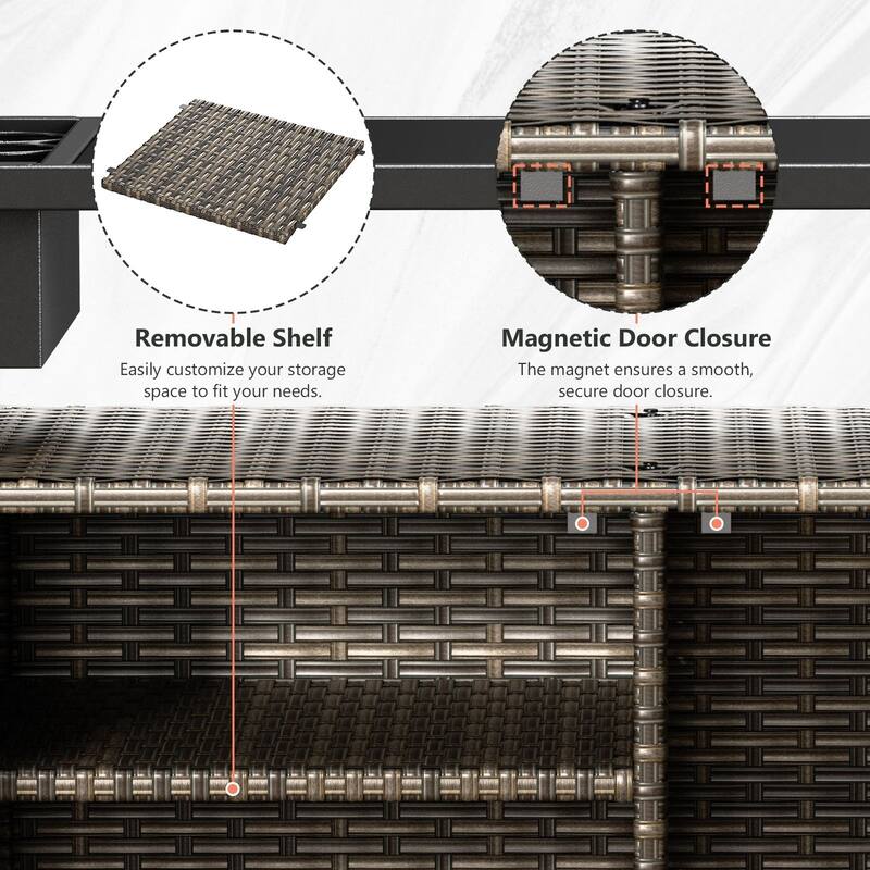 Outdoor 49.2" PE Wicker Bar Cart with Cabinet Patio Serving Cart with Tempered Glass Top