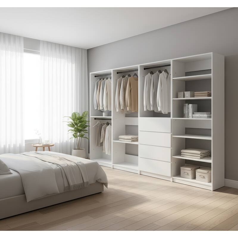 Prosper White Freestanding Walk in Wood Closet System - 125.6"W x 15.7"D x 83" H