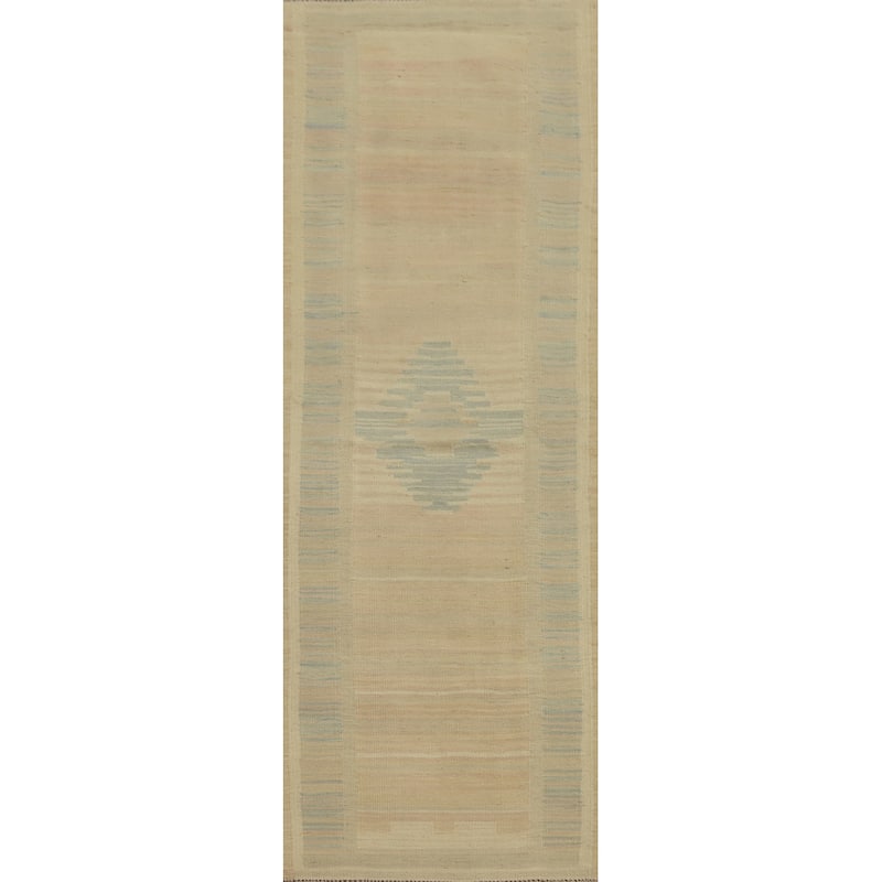 Hand Woven Oriental 100% Wool Carpet Southwestern Tribal Beige & Ivories Kilim Runner Rug - 7' 11'' X 2' 2''