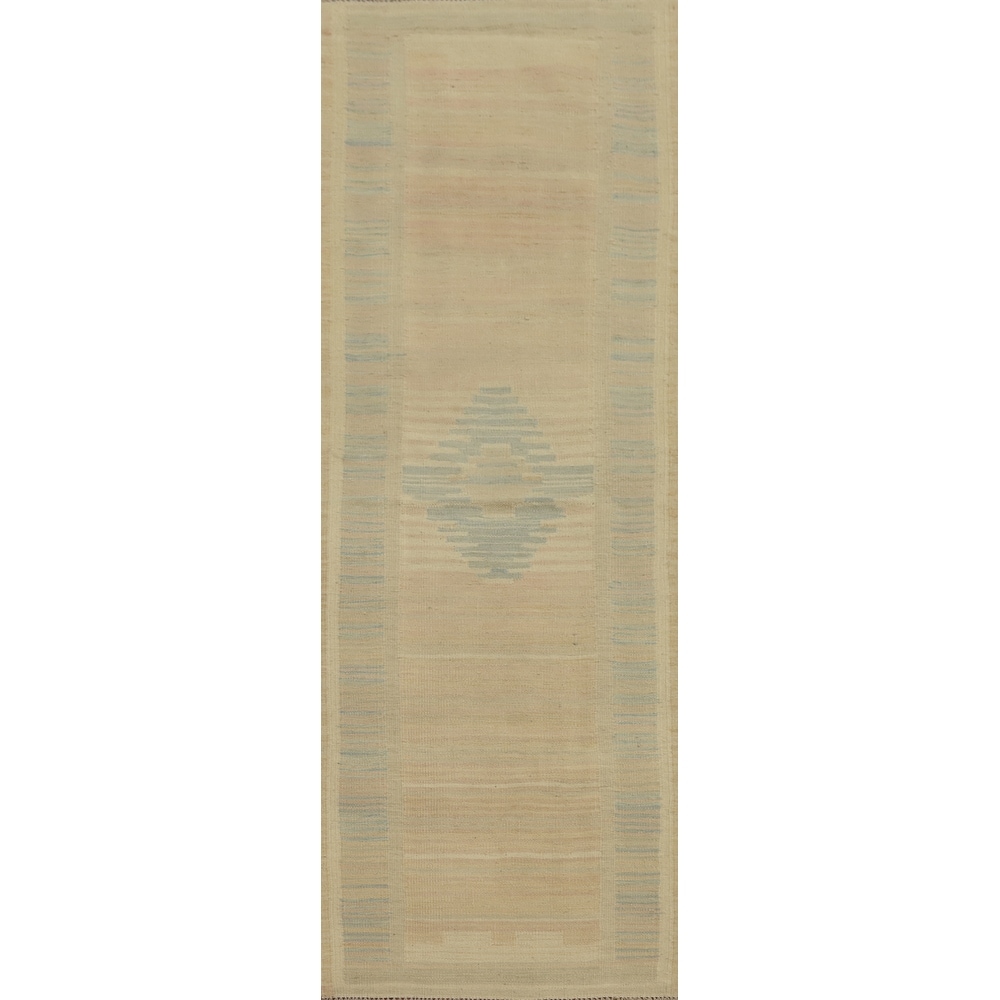 Hand Woven Oriental 100% Wool Carpet Southwestern Tribal Beige & Ivories Kilim Runner Rug - 7' 11'' X 2' 2''