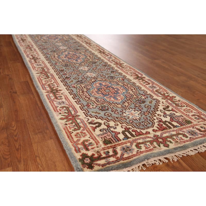 Geometric Heriz Serapi Indian Runner Rug Handmade Wool Carpet - 2'5" x 10'1" - Blue - 2'5" x 10'1"