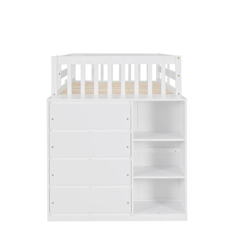 Twin over Twin Bunk Bed with 4 Drawers and 3 Shelves