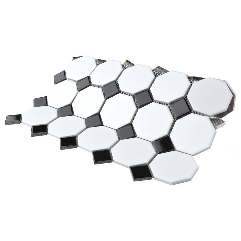 Merola Tile Metro Octagon Matte White w/Black Dot 11.5" x 11.5" Porcelain Mosaic