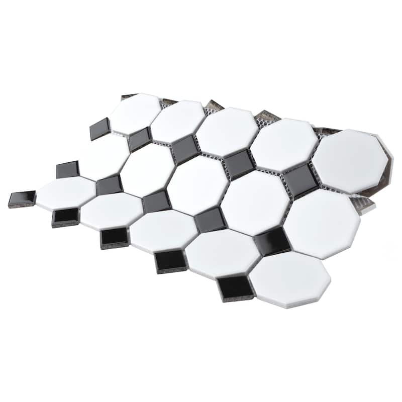 Merola Tile Metro Octagon Matte White w/Black Dot 11.5" x 11.5" Porcelain Mosaic