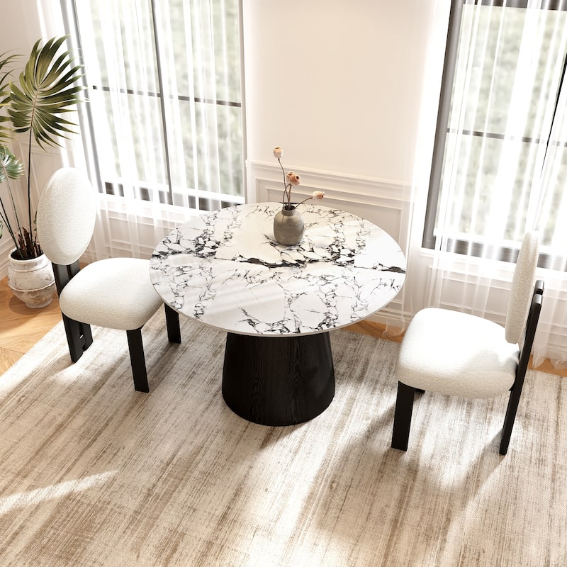 Small Round Modern Dining Table 43" Kitchen Table With Black Pedestal For 5 Person