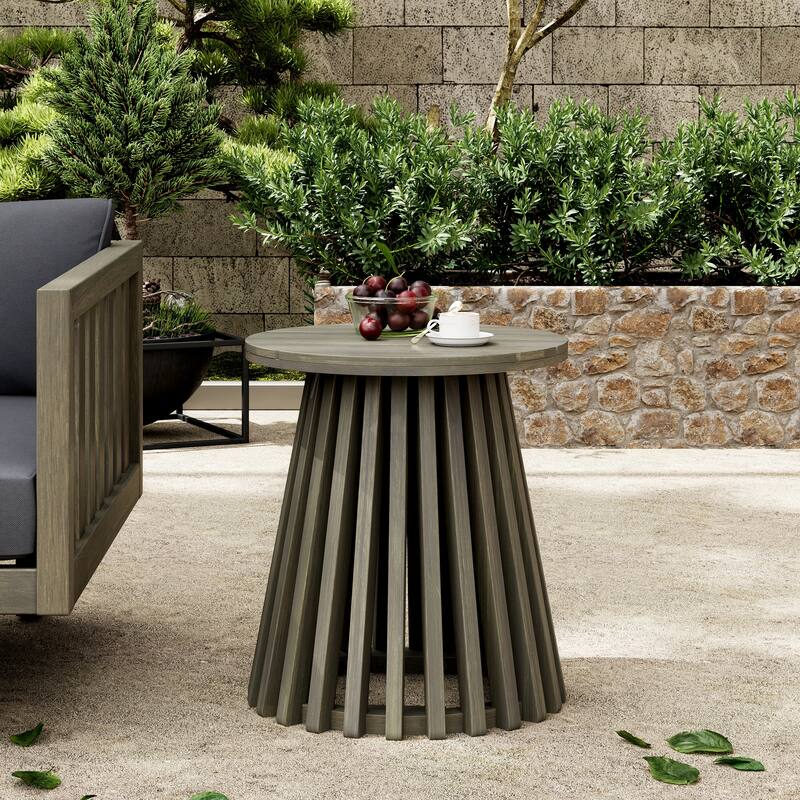 Roomfitters Round Outdoor Acacia Wood Side Table, Slatted Pedestal Base Accent Table for Patio and Balcony - Grey