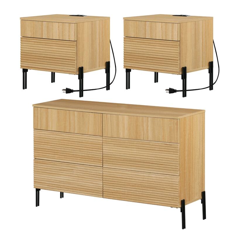 WAMPAT 3-Piece Modern Bedroom Set, 47" Fluted Dresser with 6 Drawers & 2 Nightstands with Charging Station, Oak