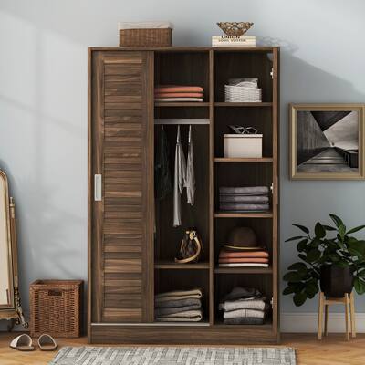 Modern Traditional 3-Door Shutter Sliding Wardrobe with Shelves, 66.9"Tall Large Independent Wardrobe, Walnut